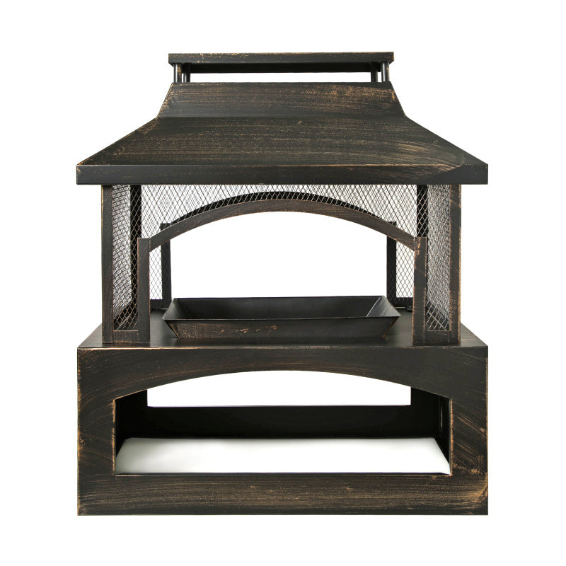 37 Inch Rectangular Metal Outdoor Wood Burning Fireplace Built-in Log Storage Poker Brushed Bronze Fire Pit for Patio Garden Backyard