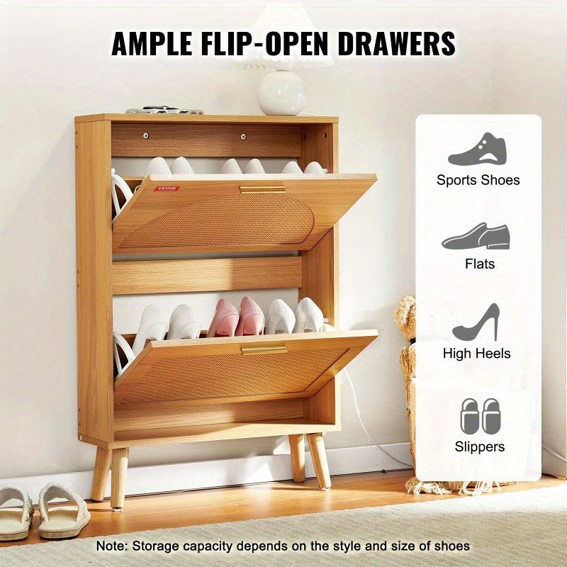 VEVOR Shoe Cabinet with 2 Flip Drawers Shoe Storage Cabinet for Entryway Free Standing Shoe Storage Organizer with Rattan Doors for Heels Boots Slippers in Hallway Living Room