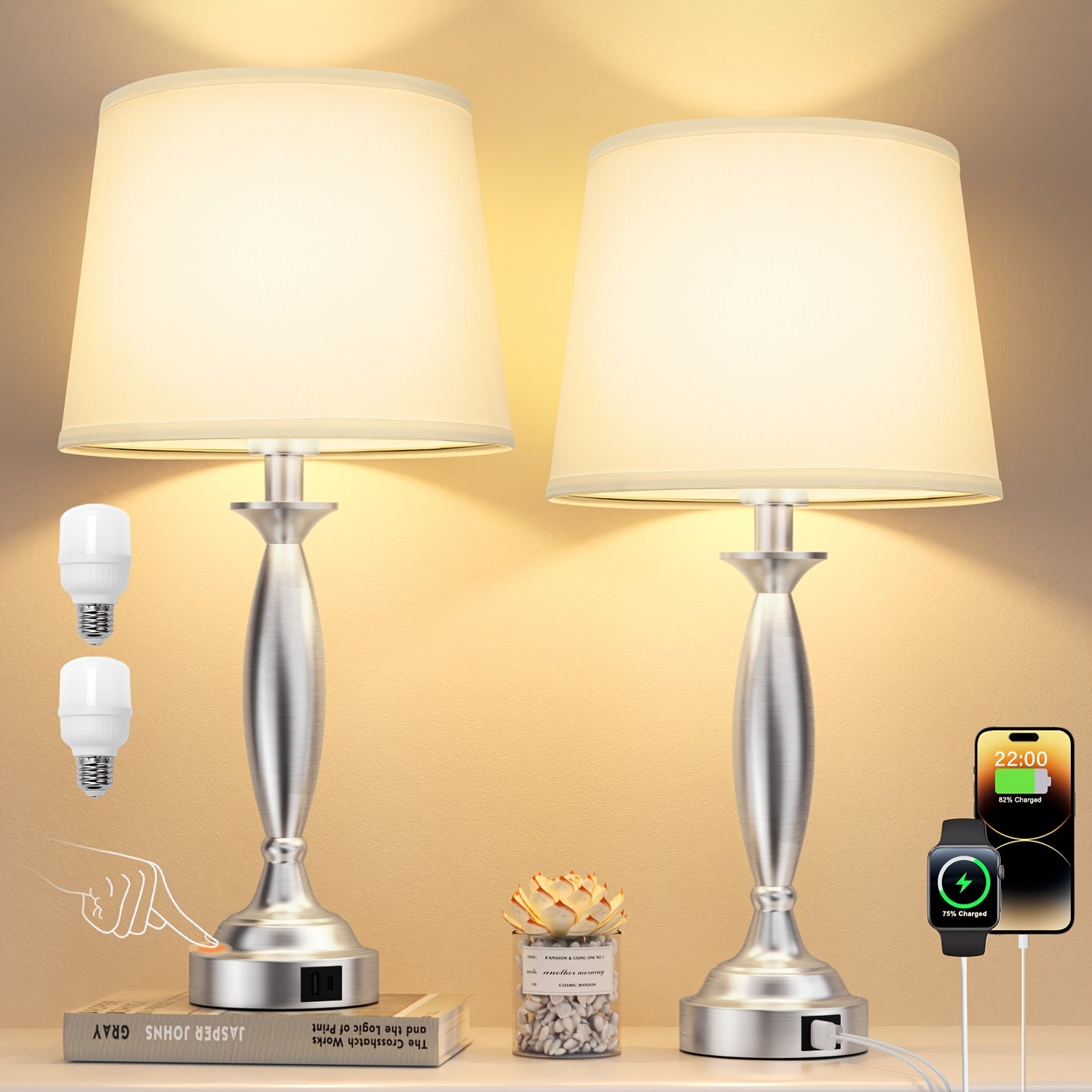 Set Of 2, Touch Control 3 Way Dimmable Desk Reading Lamps, Table Lamps with USB-A+C Charging Port, Modern Style White Fabric Shade Bedside Lamps for Living Room, Bedroom, Guest Room, Bulb Included