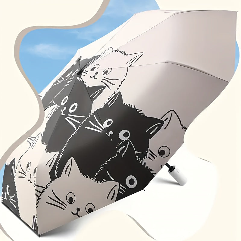 1pc Cute Cartoon Cat Print Automatic Umbrella - Black & White, UV Protection, Rain or Shine Dual-Use, Durable 210T Canopy, Reinforced Iron Frame, Easy Open\u002FClose Button