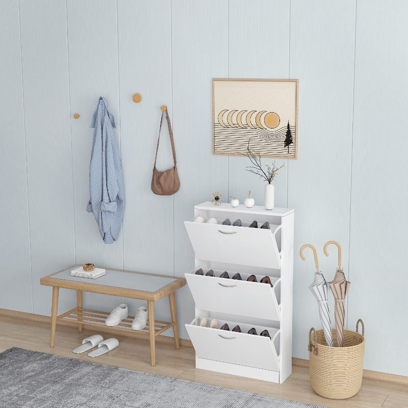 Shoe Cabinet for Entryway White Narrow Shoe Storage Cabinet Flip Down Shoe Rack Wood 3 Tier Shoe Organizer for Home and Apartment