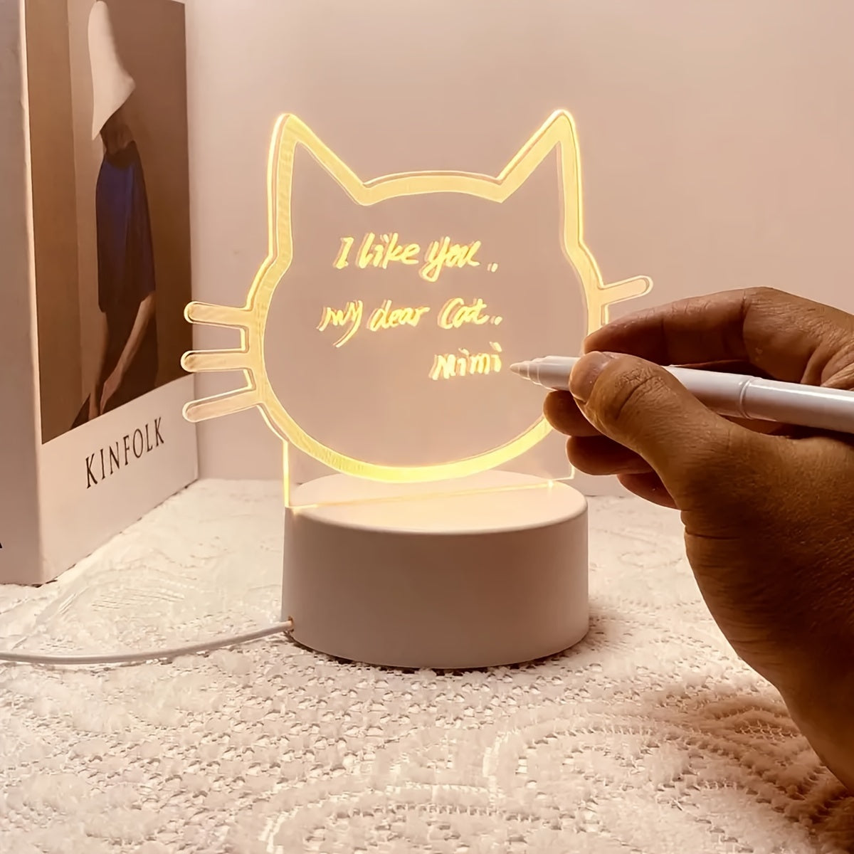 1pc WhimsyCat USB-Powered LED Night Light with Message Board - Energy-Efficient Warm White Light, Acrylic & Plastic Tabletop Lamp for Bedroom Ambiance & Home Decor Lighting