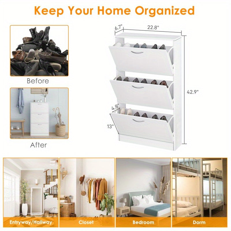 Shoe Cabinet for Entryway White Narrow Shoe Storage Cabinet Flip Down Shoe Rack Wood 3 Tier Shoe Organizer for Home and Apartment
