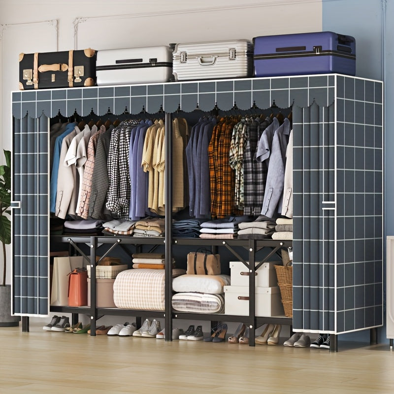 1pc Modern Steel Pipe Wardrobe with Double Curtain Door & Adjustable Rods – Freestanding Folding Storage Cabinet, Grey Metal Frame, 2 Hanging Rods Included, Ideal for Clothes, Shoes & Accessories Organization, Clothes Storage Wardrobe