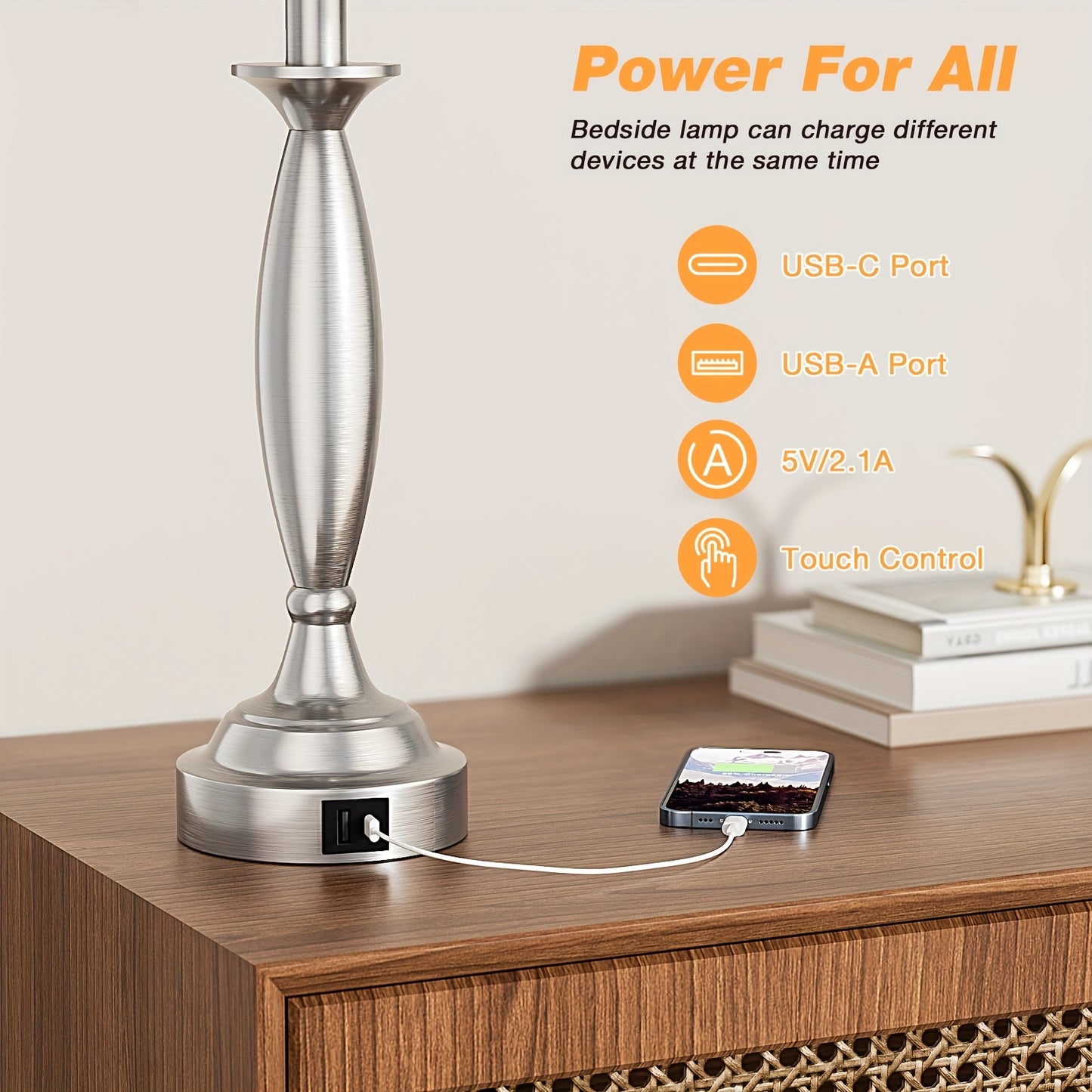 Set Of 2, Touch Control 3 Way Dimmable Desk Reading Lamps, Table Lamps with USB-A+C Charging Port, Modern Style White Fabric Shade Bedside Lamps for Living Room, Bedroom, Guest Room, Bulb Included