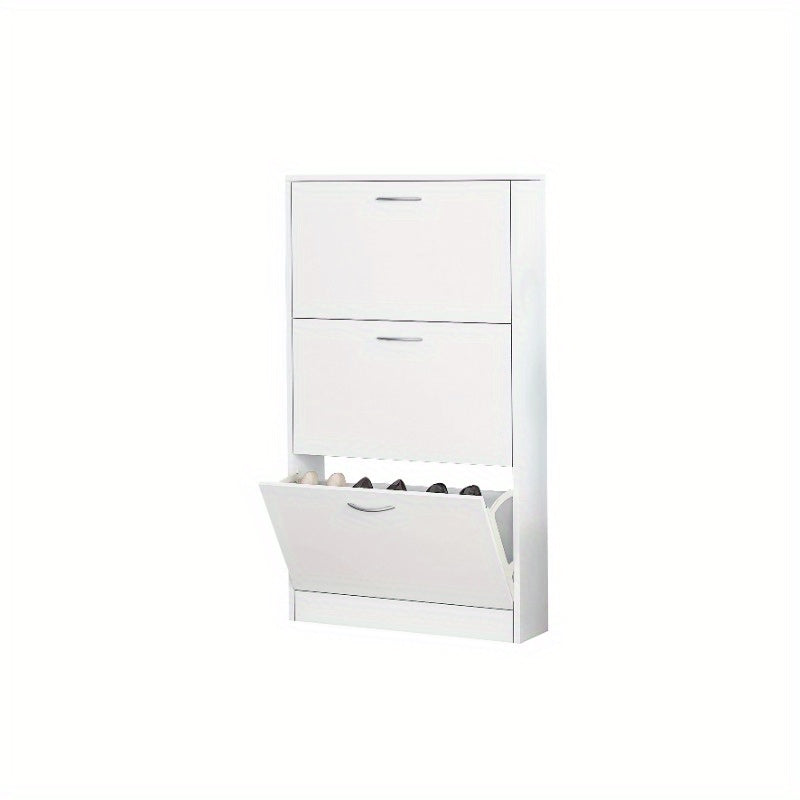 Shoe Cabinet for Entryway White Narrow Shoe Storage Cabinet Flip Down Shoe Rack Wood 3 Tier Shoe Organizer for Home and Apartment