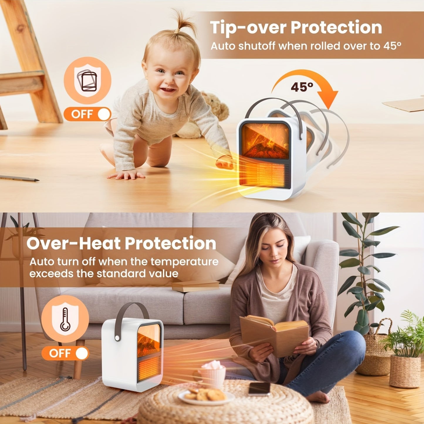 1000W Fast Electric Fireplace Heater Electric Fireplace Heater with Overheat Protection, 3D Flame Effect, Fast PTC Heating, Dual Mode 650W\u002F1000W, Square Plastic Portable Desktop Heater with US Plug, 110V for Bedroom Bathroom Office