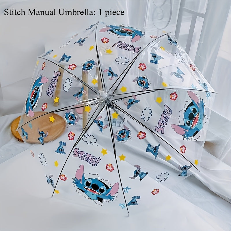 1pc Disney Stitch Manual Cartoon Umbrella, 3-Fold Portable Transparent Sunshade, Casual Cute Fashion Style, Steel & Plastic Material, Foldable Feature
