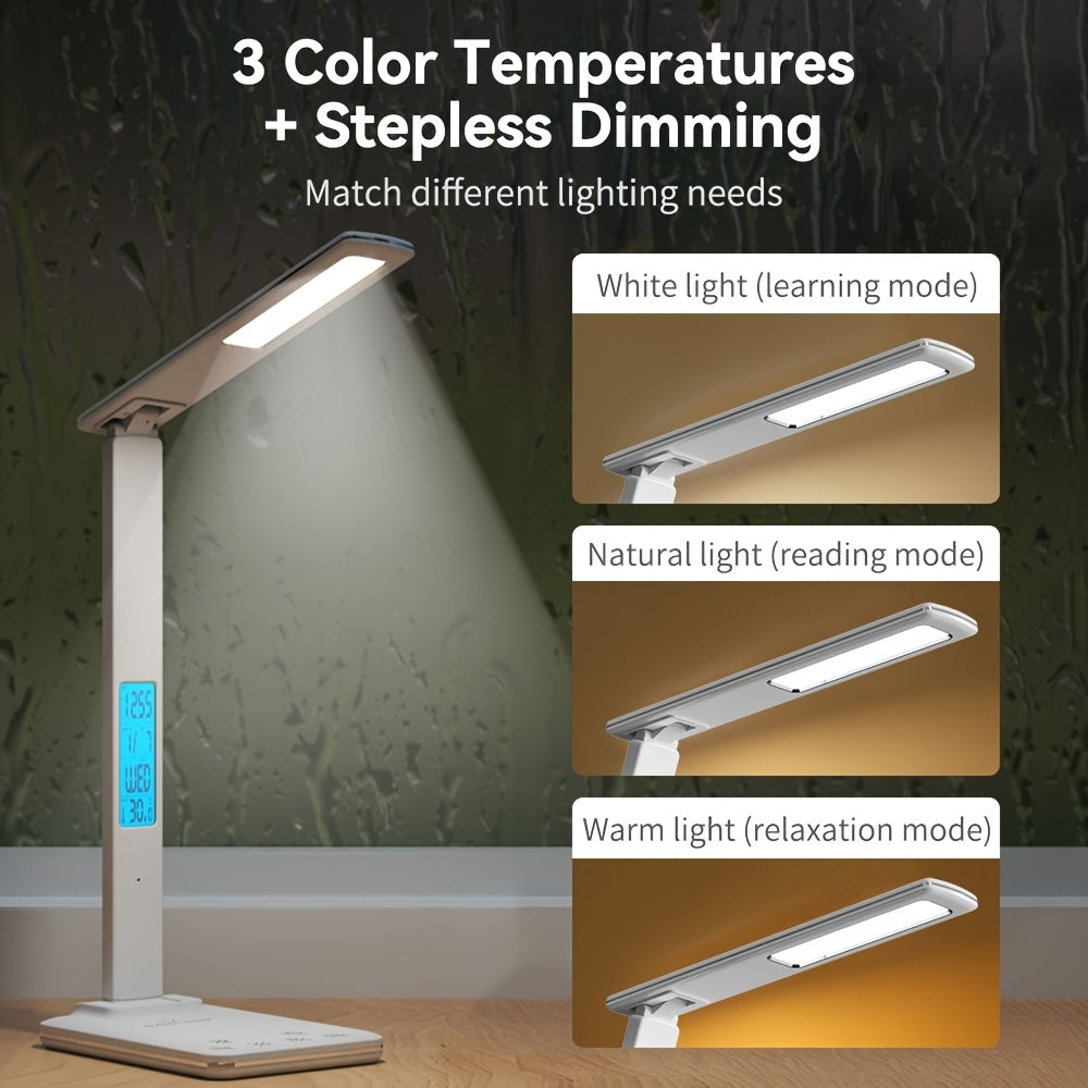 Foldable LED Desk Lamp with Wireless Charger, USB Port, Dimmable Lighting & Clock - Adjustable Temperature for Office, Bedroom, or Bedside Use, Minimalist Design Desk Lamp