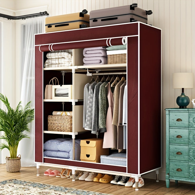 Sturdy Red & White Rolling Closet with Steel Frame – Easy Assembly, Multiple Compartments, Shelves & Hanging Rod for Bedroom, Rental Home, or Small Spaces, Portable Closet