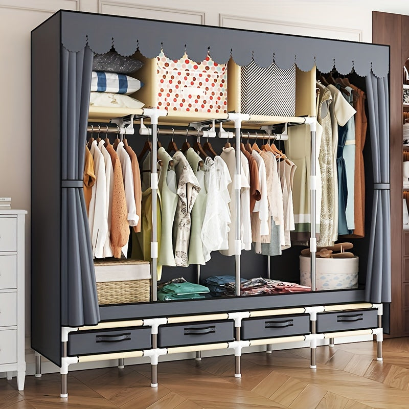 Easy Assembly Dust-Free Storage Closet 1pc Modern Metal Frame Freestanding Wardrobe Closet Organizer with Drawers, Space-Saving Design, Easy Assembly, Dust-Free Storage System, ≥3.2 Cubic Feet Enclosed Storage Capacity, ≥27 Inches Height