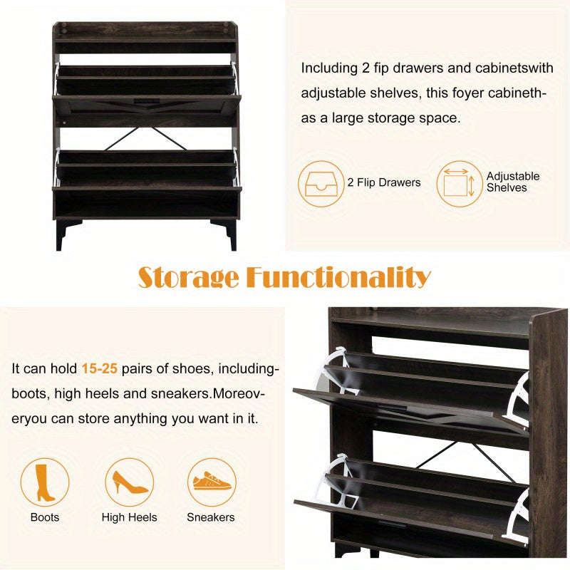 Modern Entryway Shoe Storage Cabinet with 2 Flip Drawers and Open Shelves Slim Narrow Hidden Shoe Rack for Heels Boots Slippers Durable Wood Freestanding Organizer for Entrance Brown