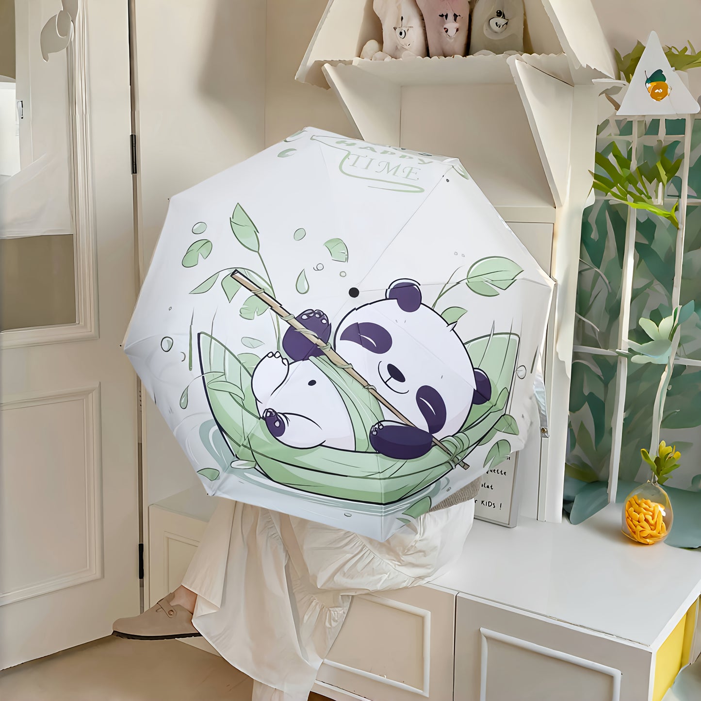 Cute Cartoon Panda Umbrella - Unique Folding Design, Black Vinyl Sun Protection, Windproof & Durable, Ideal for Outdoor Travel, Manual Open, 8-Rib Structure, Travel Umbrella | Stylish Sunshade | Vinyl Canopy