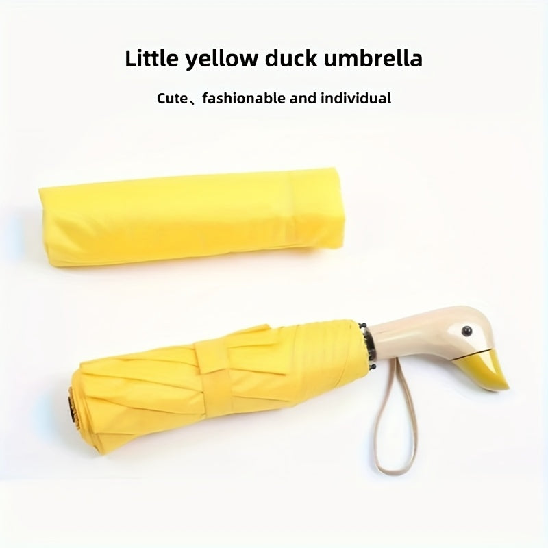 Casual Cute Duckbill Design Triple-Fold Umbrella - Manual Open, 8 Ribs, Pongee Fabric, Wooden Handle, Iron Alloy Shaft and Ribs - Portable Fashion Accessory for Rainy Weather