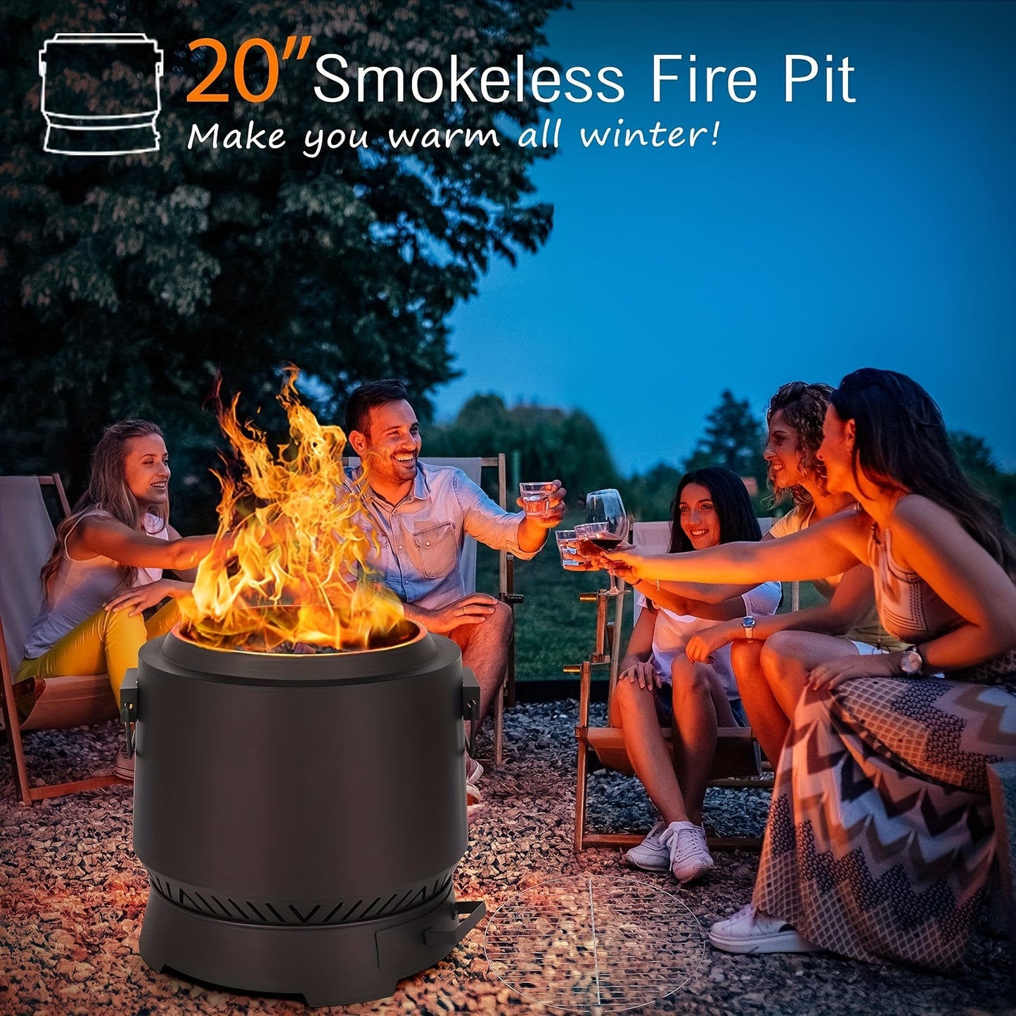 20 Inch Smokeless Outdoor Fire Pit with Grill And Pocker - Multi-Functional Outdoor Fireplace for Beach Bonfires, Picnics, Backyard Barbecues, And Camping - Heavy Duty Steel Construction with Adjustable Airflow Design