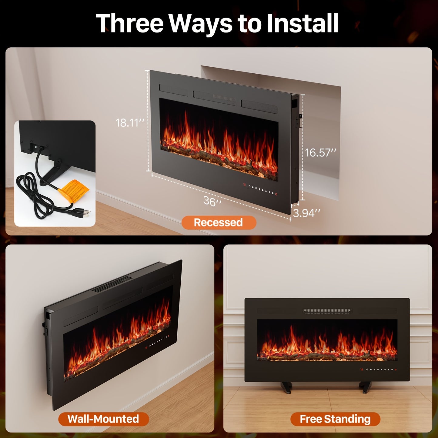 Multifunctional Electric Fireplace 3 Sizes Adjustable Electric Fireplace - Classic Black, Multiple Functional Modes - Suitable For Winter Atmosphere