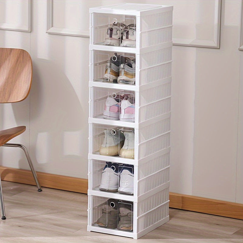 1pc 6-Layer Stackable Folding Shoe Box - Easy No-Install, Space-Saving Sneaker Organizer for Men & Women - Durable White Plastic Storage Cabinet with Transparent Doors for Home Entryway, Shoe Storage Organizer