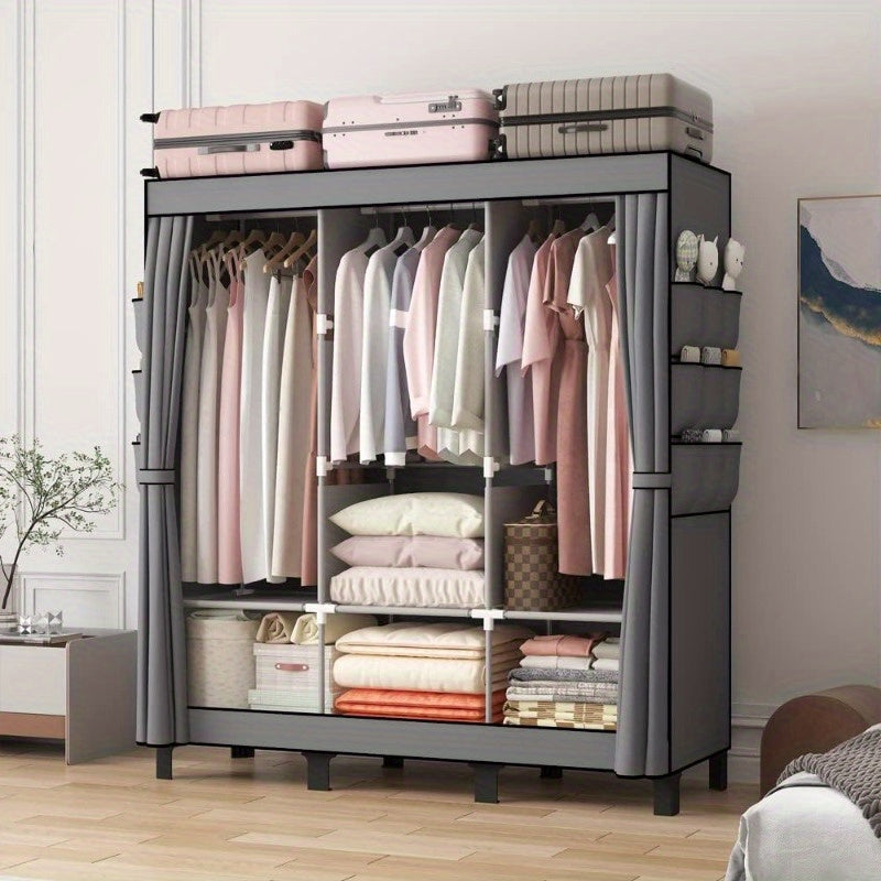 Spacious Portable Closet for Bedroom - Sturdy Grey Wardrobe with 3 Hanging Rods, 6 Storage Shelves & Side Pockets, 51\