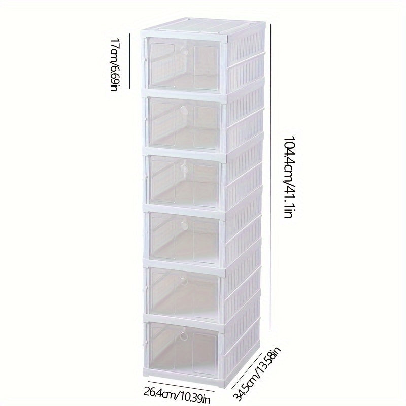 1pc 6-Layer Stackable Folding Shoe Box - Easy No-Install, Space-Saving Sneaker Organizer for Men & Women - Durable White Plastic Storage Cabinet with Transparent Doors for Home Entryway, Shoe Storage Organizer