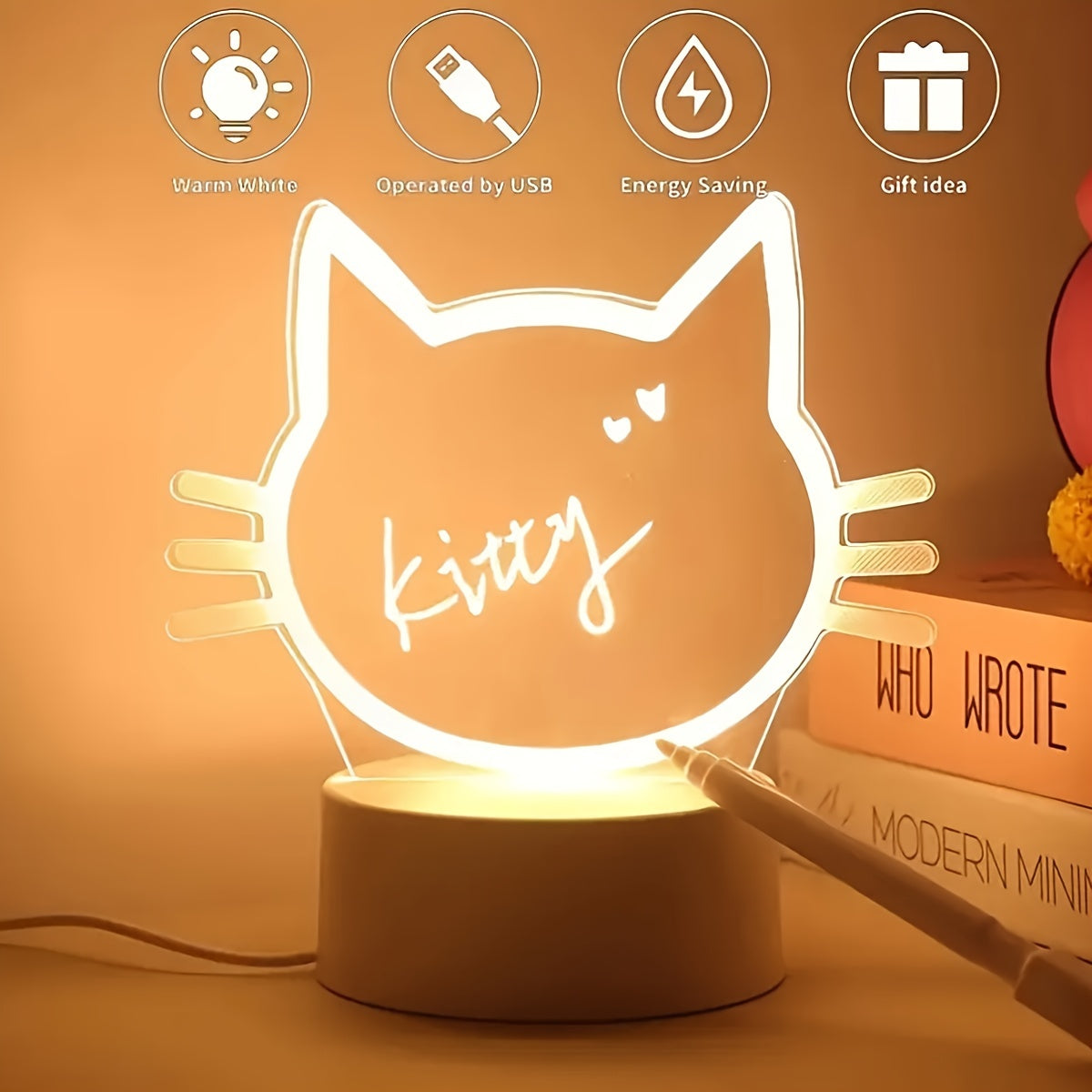 1pc WhimsyCat USB-Powered LED Night Light with Message Board - Energy-Efficient Warm White Light, Acrylic & Plastic Tabletop Lamp for Bedroom Ambiance & Home Decor Lighting