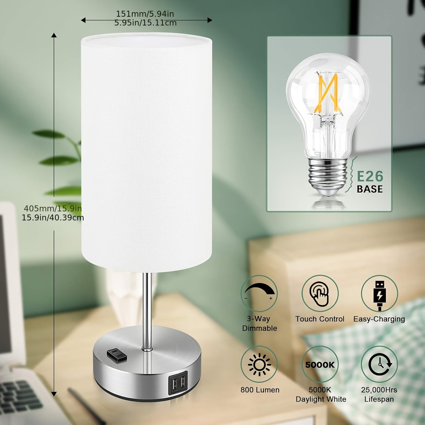 Set Of 2 Touch Control Table Lamps With 2 USB Charging Ports&AC Outlet, 3-Way Dimmable Bedside Nightstand Lamps With White Fabric Lampshade For Reading, Bedroom, Living Room, A19 LED Bulbs Included