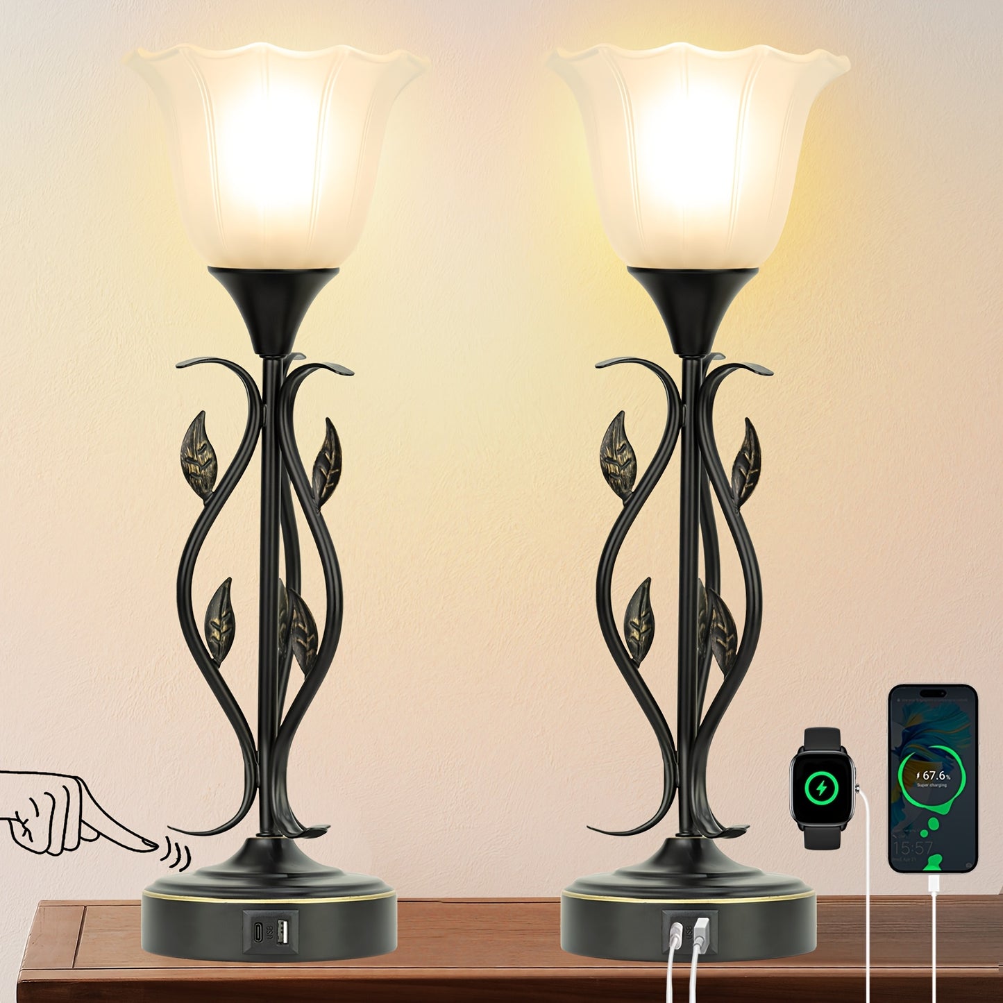 20 Inch Table Lamp For Bedroom With White Glass Shade, Leaf And Vine Flower Design Bedside Lamps Set Of 2, 3-Way Dimmable Touch Control Lamps For Night Stands Dual USB Charging Ports Table Lamp For Living Room, LED Bulbs Included