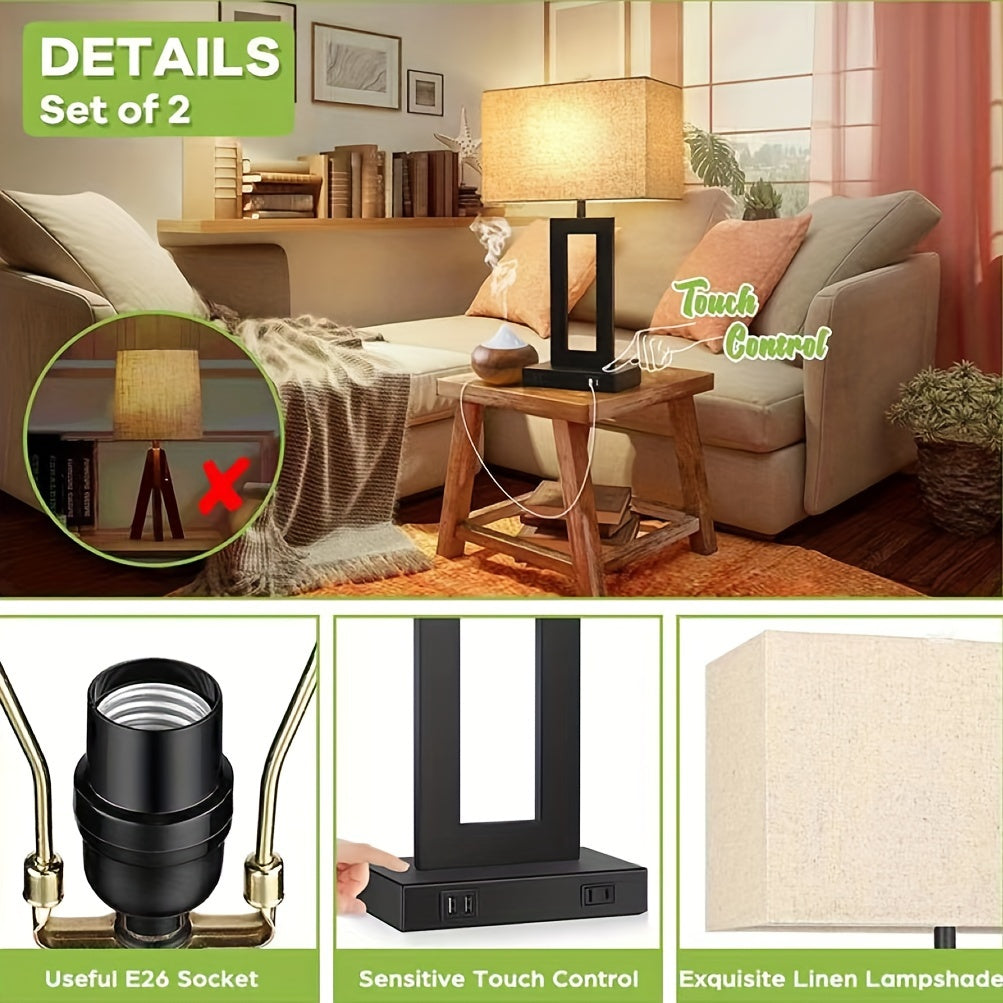 2-Pack Metal Modern Touch Control Table Lamps with Linen Shade, 3-Level Dimmable, USB Charging Port, for Bedroom\u002FLiving Room\u002FStudy, Includes Bulb, 110V-130V, US Plug