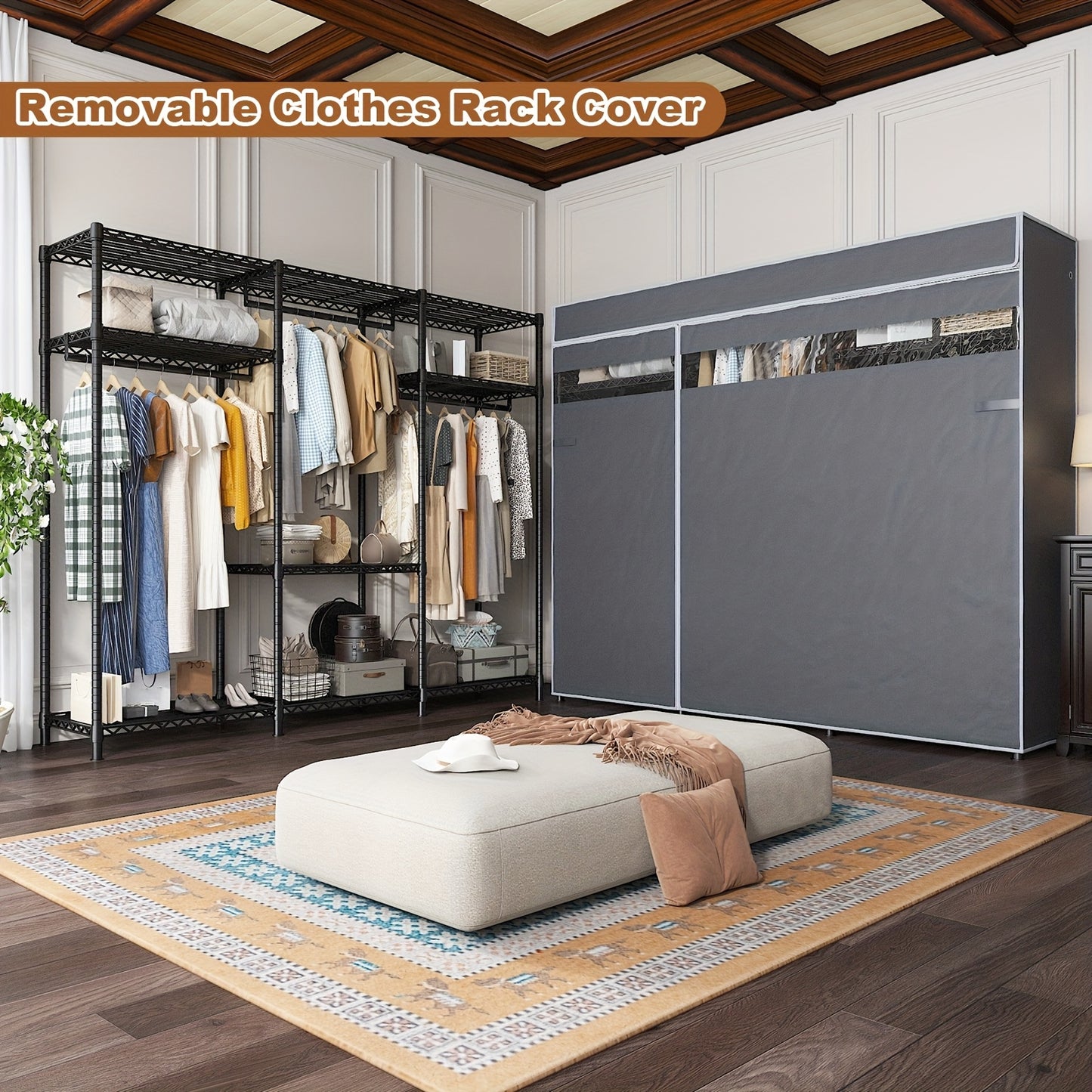 1pc Heavy Duty Metal Garment Rack with Cover, 795 LBS Load Capacity, Portable Freestanding Closet Organizer for Bedroom, Lacquered Finish, Wire Hanging Clothes Storage - 56.1\