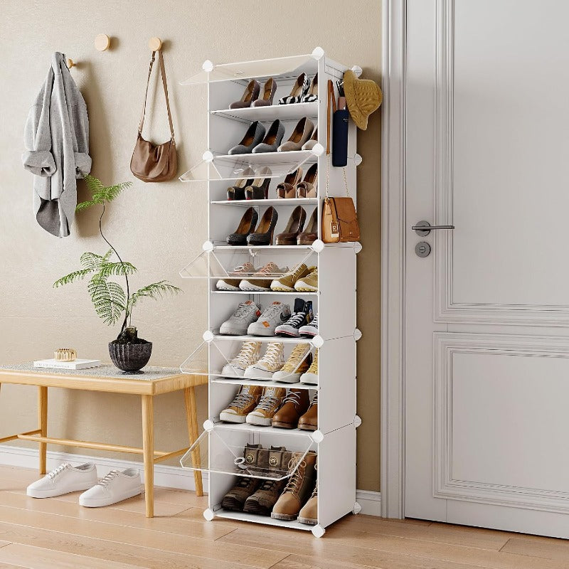 VIPZONE 10-Tier Narrow Shoe Rack20 Pairs Tall Shoe Cabinet Storage Vertical Shoe Organizer for Closet Entryway Hallway Bedroom Shoe Storage with Door Plastic Shoe Shelves White