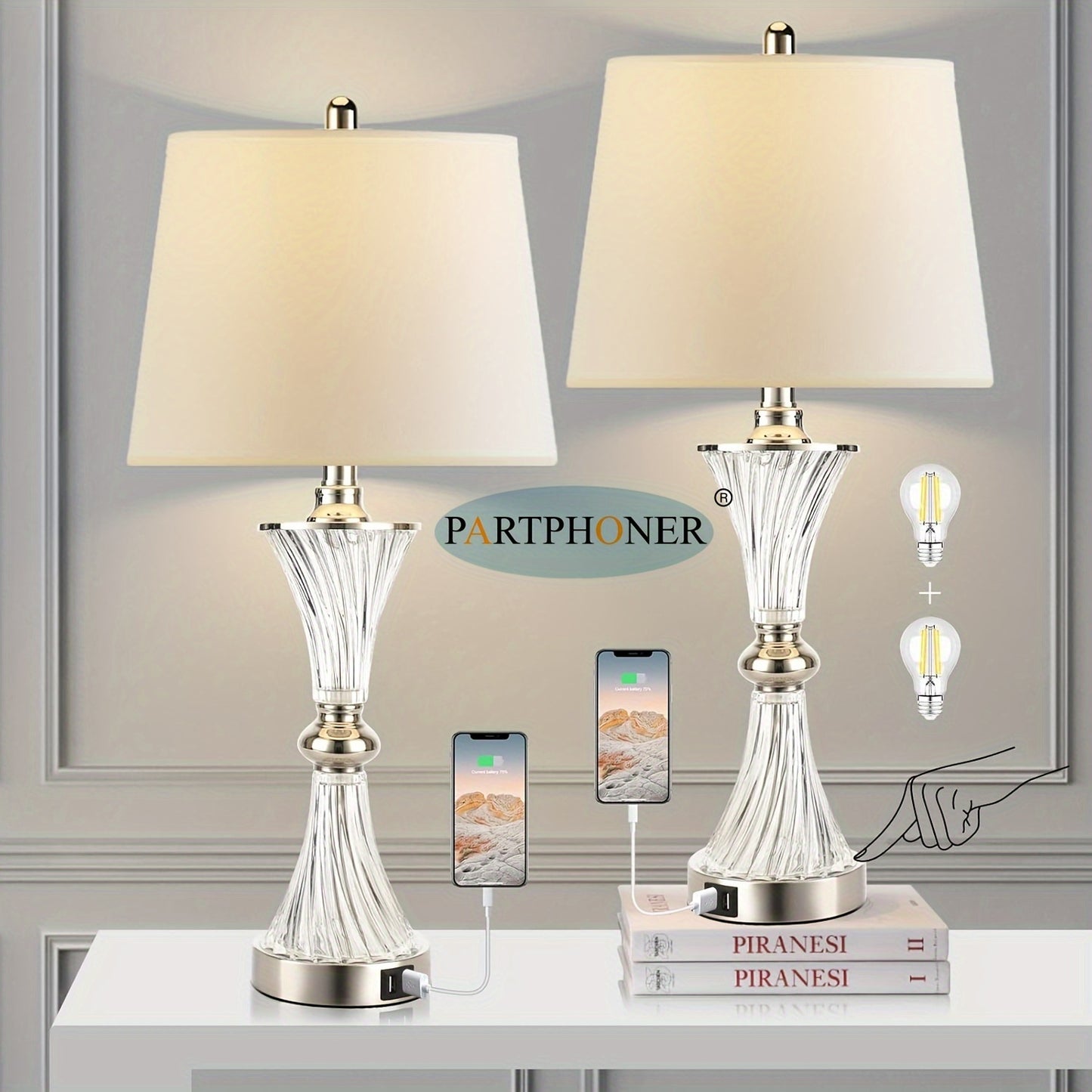 3 Way Dimmable Modern Touch Control Table Lamp Set Of 2 With 2 USB Charging Port, PARTPHONER White Drum Shade For Bedrooms Nightstand, Bulbs Included, Valentine's Day And Easter Gifts