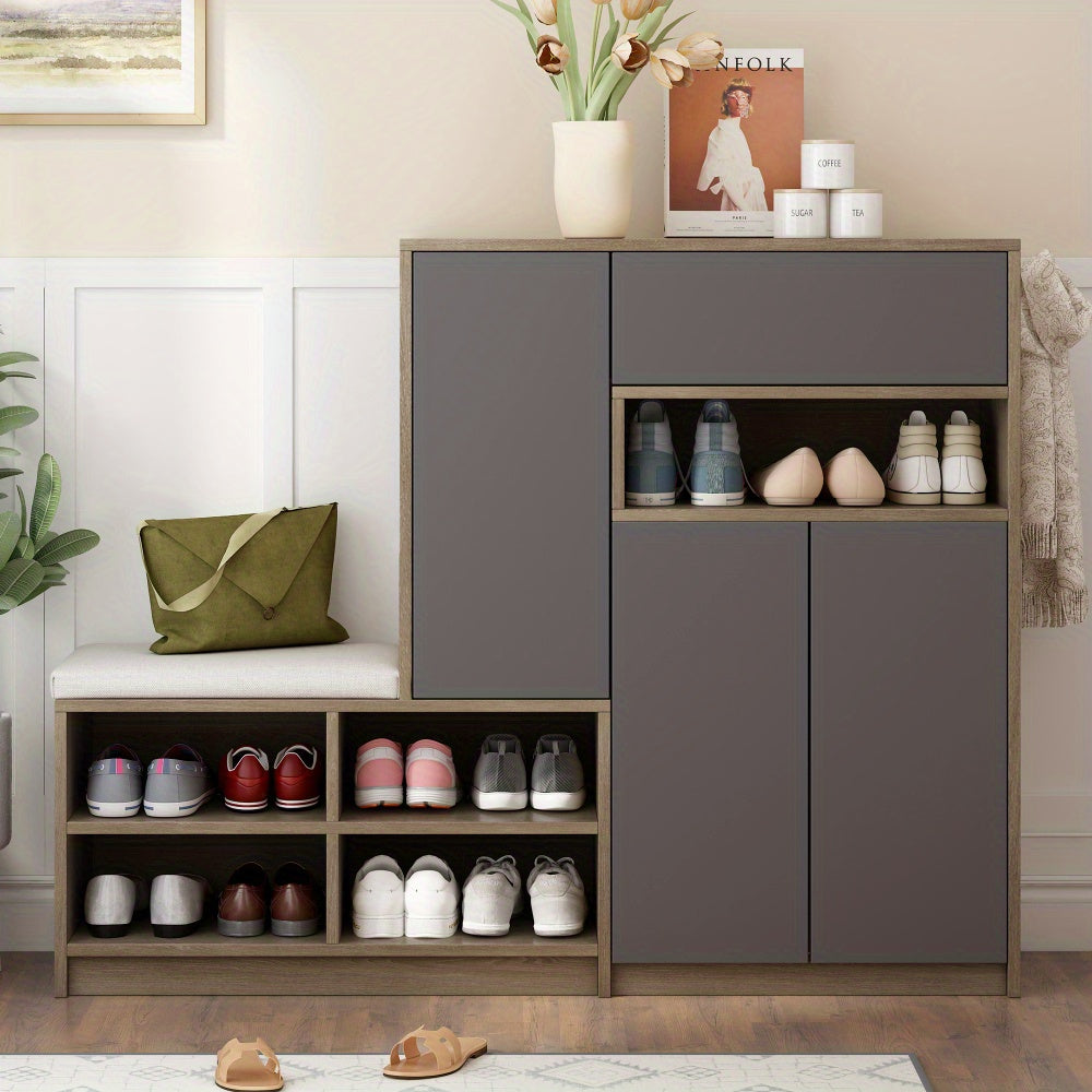 White ON-TREND 2-in-1 Shoe Storage Bench and Shoe Cabinet Multifunctional Shoe Rack with Padded Seat Versatile Shoe Storage Solution with Adjustable Hallway Shelves