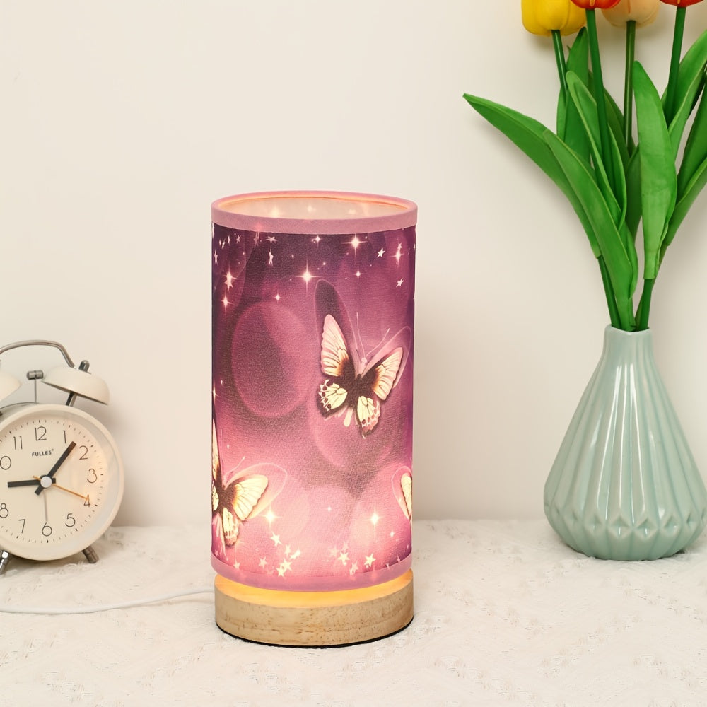 1pc Wood Base Purple Butterfly Table Lamp - Perfect Bedside Night Light and Room Decoration