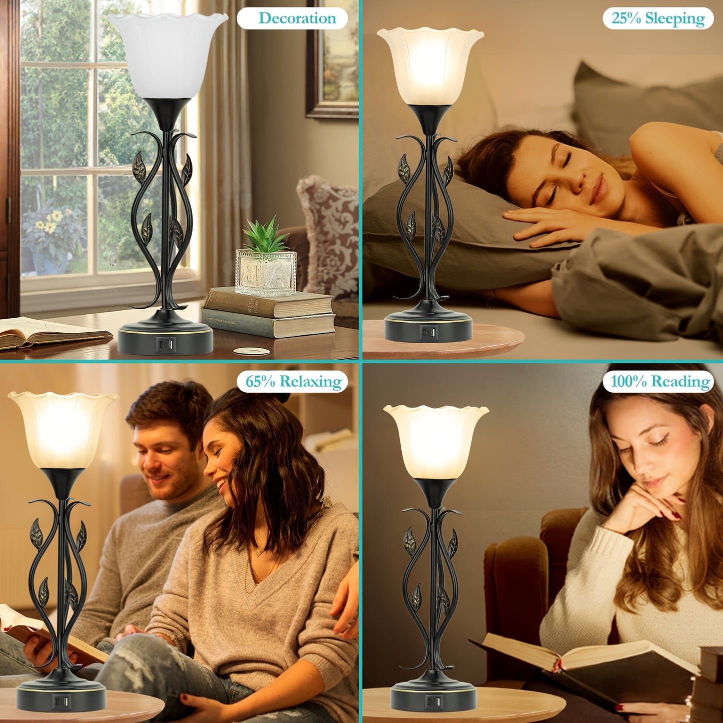 20 Inch Table Lamp For Bedroom With White Glass Shade, Leaf And Vine Flower Design Bedside Lamps Set Of 2, 3-Way Dimmable Touch Control Lamps For Night Stands Dual USB Charging Ports Table Lamp For Living Room, LED Bulbs Included