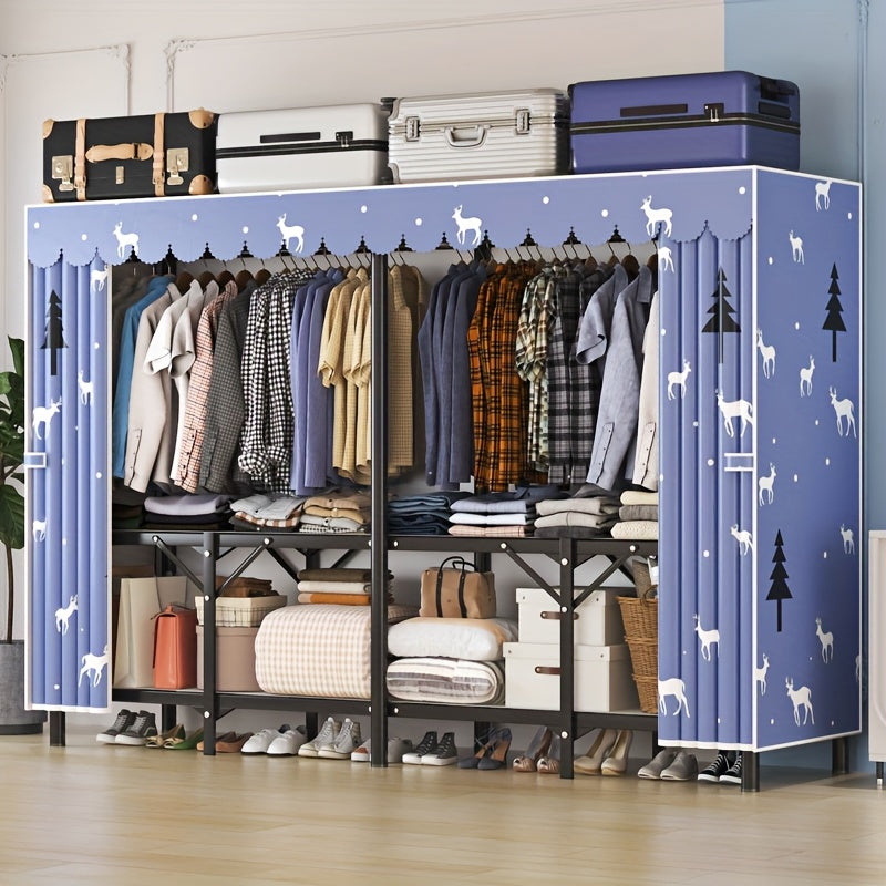 1pc Modern Steel Pipe Wardrobe with Double Curtain Door & Adjustable Rods – Freestanding Folding Storage Cabinet, Grey Metal Frame, 2 Hanging Rods Included, Ideal for Clothes, Shoes & Accessories Organization, Clothes Storage Wardrobe