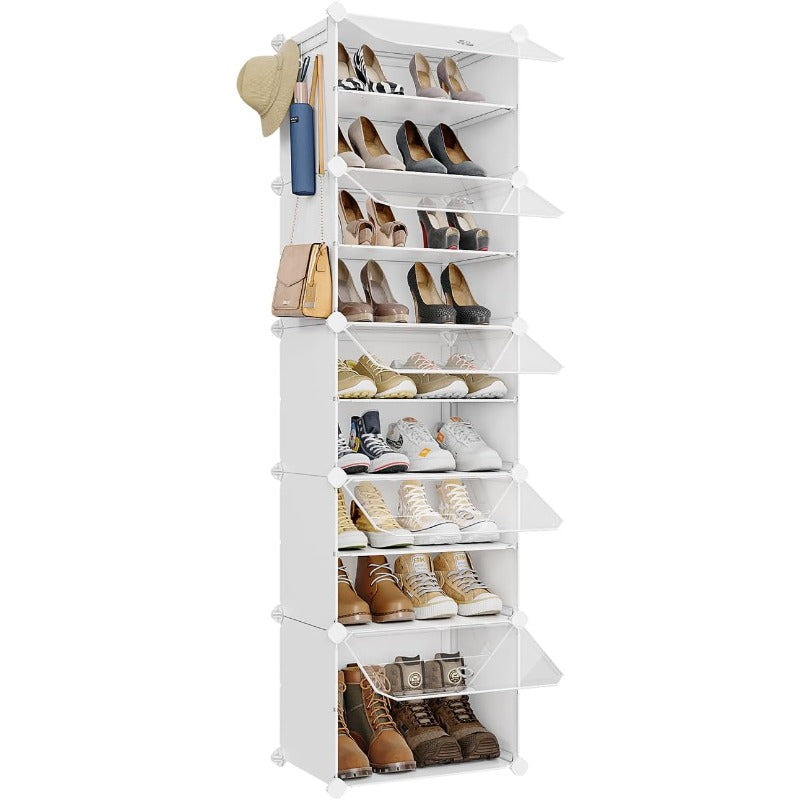 VIPZONE 10-Tier Narrow Shoe Rack20 Pairs Tall Shoe Cabinet Storage Vertical Shoe Organizer for Closet Entryway Hallway Bedroom Shoe Storage with Door Plastic Shoe Shelves White