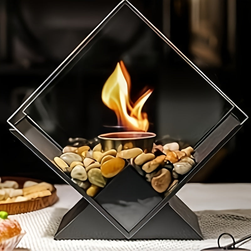 Odorless Clean-Burning Quadrilateral Tabletop Fire Pit - Clear Glass & Pebble Accents, Alcohol Fireplace for Cozy Christmas Ambiance