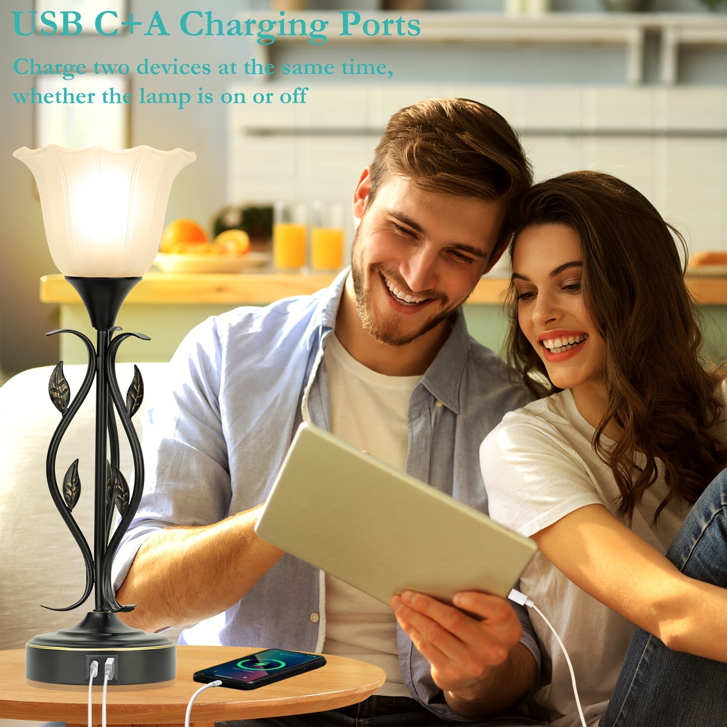 20 Inch Table Lamp For Bedroom With White Glass Shade, Leaf And Vine Flower Design Bedside Lamps Set Of 2, 3-Way Dimmable Touch Control Lamps For Night Stands Dual USB Charging Ports Table Lamp For Living Room, LED Bulbs Included