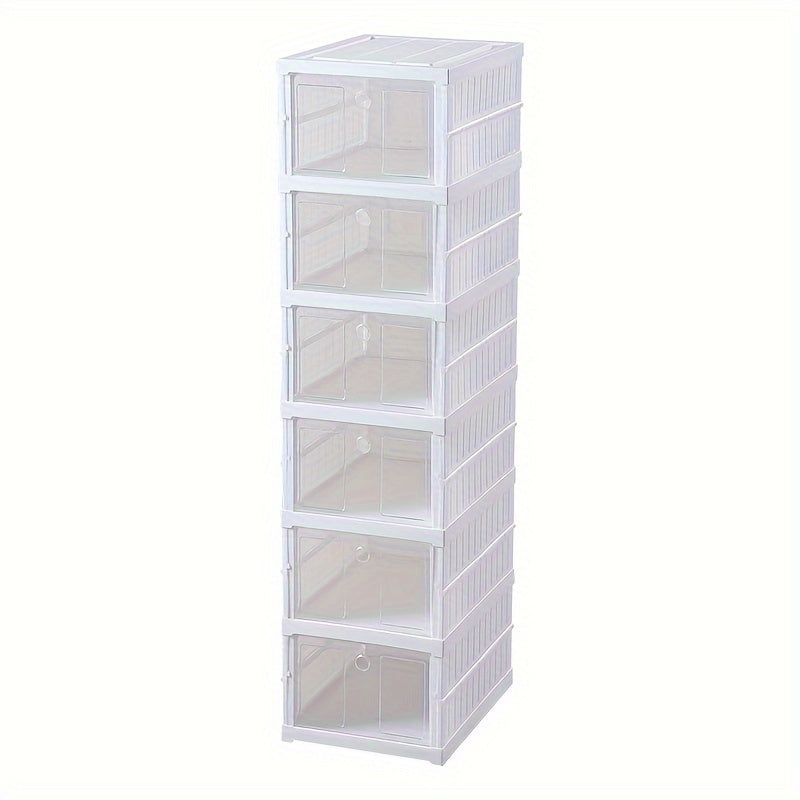 1pc 6-Layer Stackable Folding Shoe Box - Easy No-Install, Space-Saving Sneaker Organizer for Men & Women - Durable White Plastic Storage Cabinet with Transparent Doors for Home Entryway, Shoe Storage Organizer