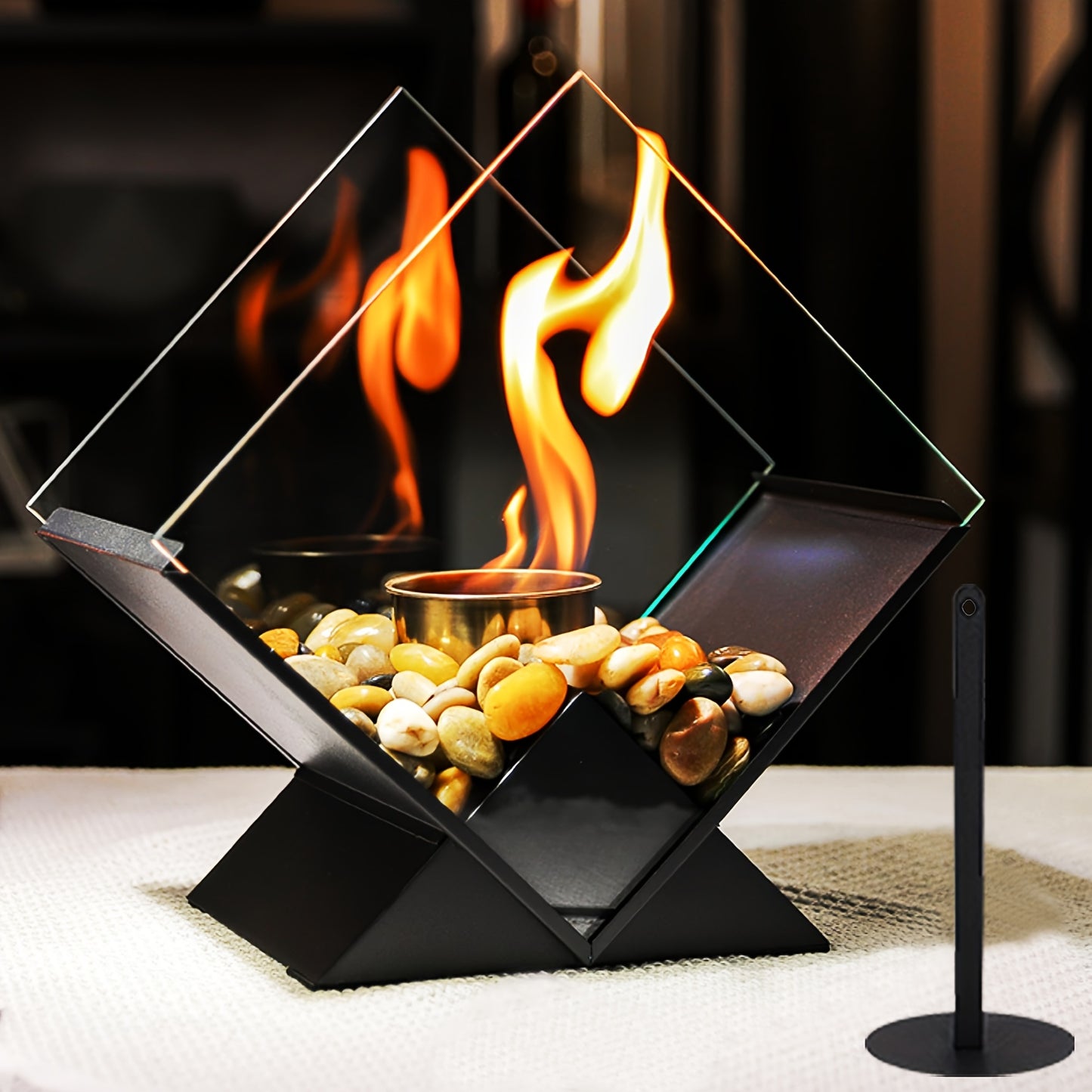 Odorless Clean-Burning Quadrilateral Tabletop Fire Pit - Clear Glass & Pebble Accents, Alcohol Fireplace for Cozy Christmas Ambiance