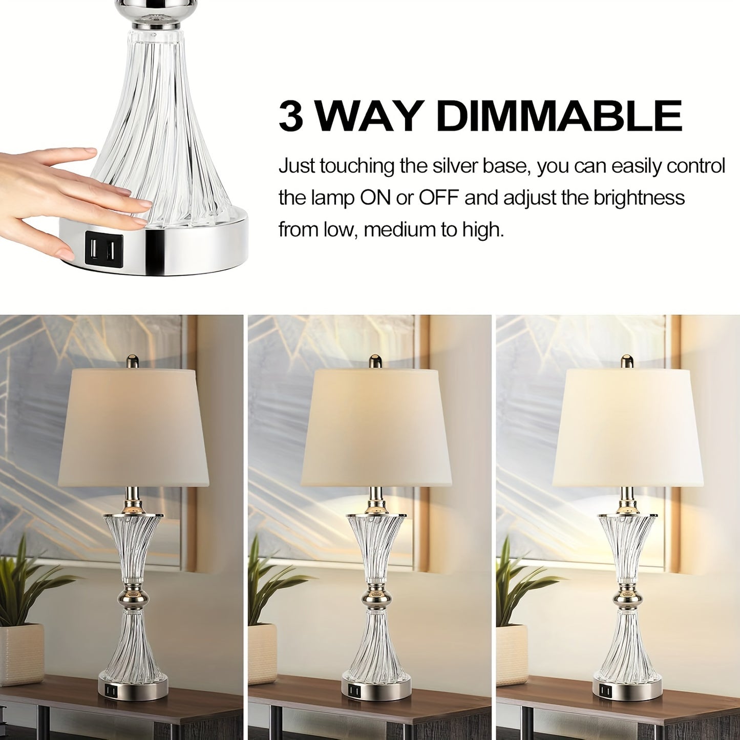 3 Way Dimmable Modern Touch Control Table Lamp Set Of 2 With 2 USB Charging Port, PARTPHONER White Drum Shade For Bedrooms Nightstand, Bulbs Included, Valentine's Day And Easter Gifts