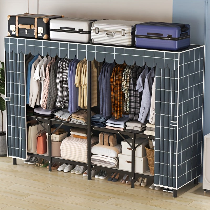 1pc Modern Steel Pipe Wardrobe with Double Curtain Door & Adjustable Rods – Freestanding Folding Storage Cabinet, Grey Metal Frame, 2 Hanging Rods Included, Ideal for Clothes, Shoes & Accessories Organization, Clothes Storage Wardrobe