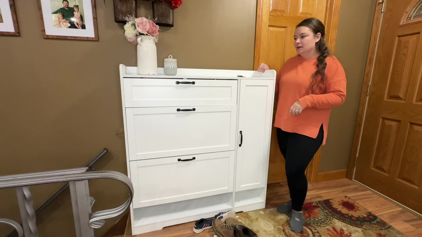 Shoe Cabinet With 2 Flip Drawers & Side Cabinet, Shoes Rack Cabinet With Adjustable Shelves, Freestanding Organizer With Storage Drawer & Mounted Shoe Rack For Entryway, Hallway, Shoe Organizer Cabinet