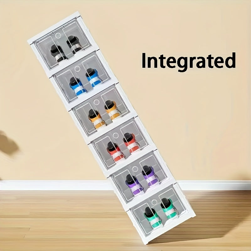 1pc 6-Layer Stackable Folding Shoe Box - Easy No-Install, Space-Saving Sneaker Organizer for Men & Women - Durable White Plastic Storage Cabinet with Transparent Doors for Home Entryway, Shoe Storage Organizer