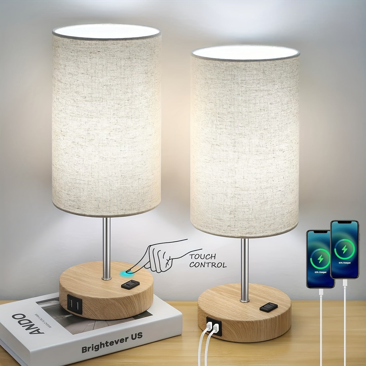 Set Of 2 Touch Control Table Lamps With 2 USB Charging Ports&AC Outlet, 3-Way Dimmable Bedside Nightstand Lamps With White Fabric Lampshade For Reading, Bedroom, Living Room, A19 LED Bulbs Included