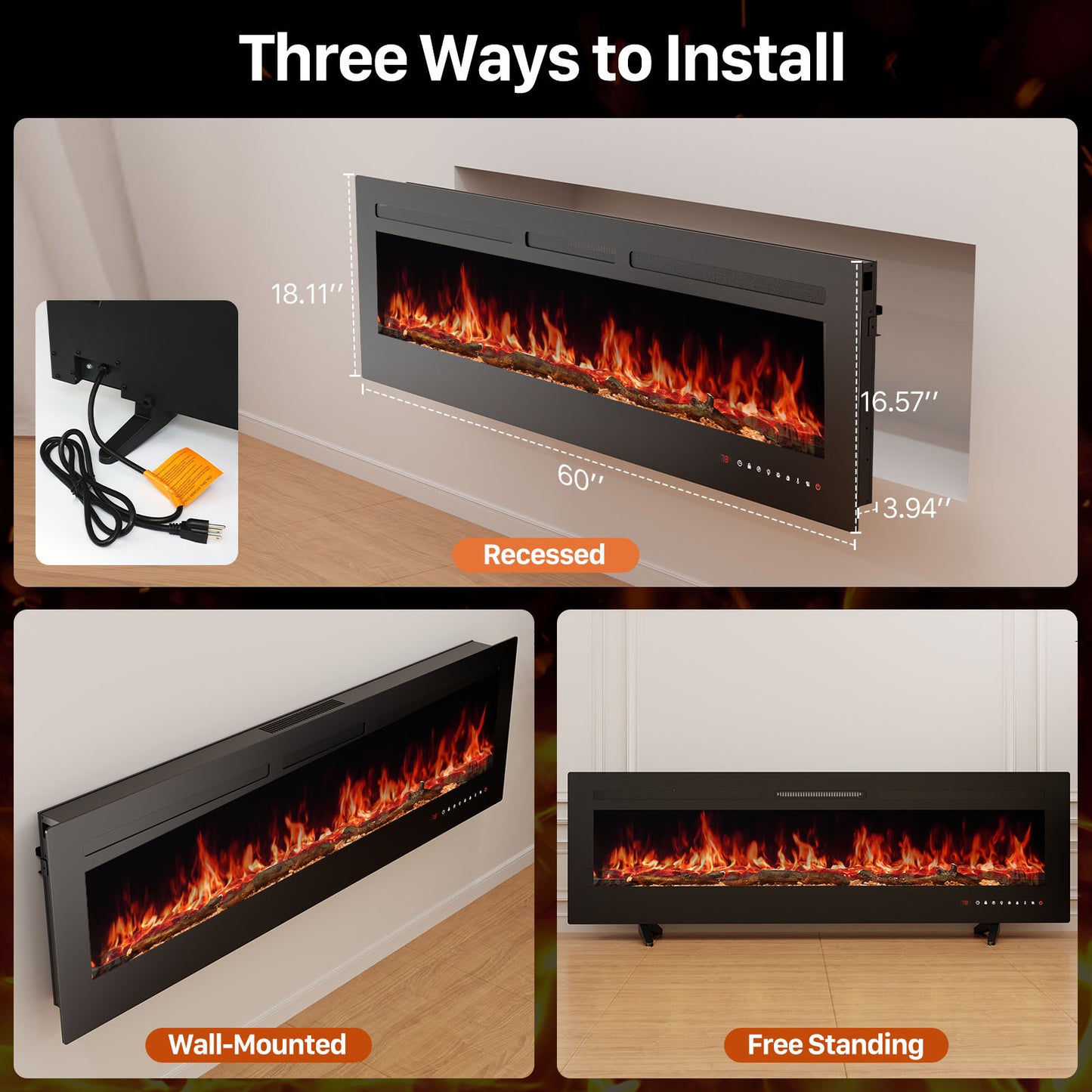 1500W Wall-Mounted Electric Fireplace Heater with Touch Screen, Remote Control, Adjustable Flame Effects, and Timer - Cozy Outdoor Patio Ambiance, Plug-In Power, Cozy Home Ambiance|Sleek Rectangular Design|Wooden Mantel