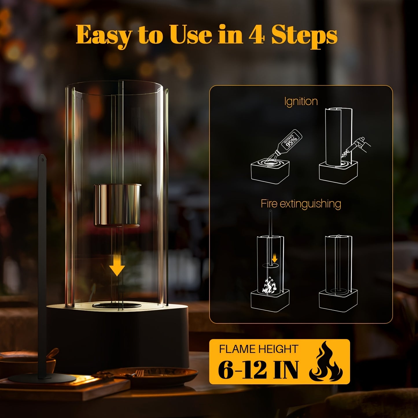 Tornado Tabletop Fire Pit, Portable Tabletop Four-Piece Clear Glass Fireplace with Fire Extinguisher Combustion Chamber, Ethanol Tabletop Fire Pit Suitable for Indoor And Outdoor Home Decoration Terrace Balcony Party Event Christmas Birthday Gift