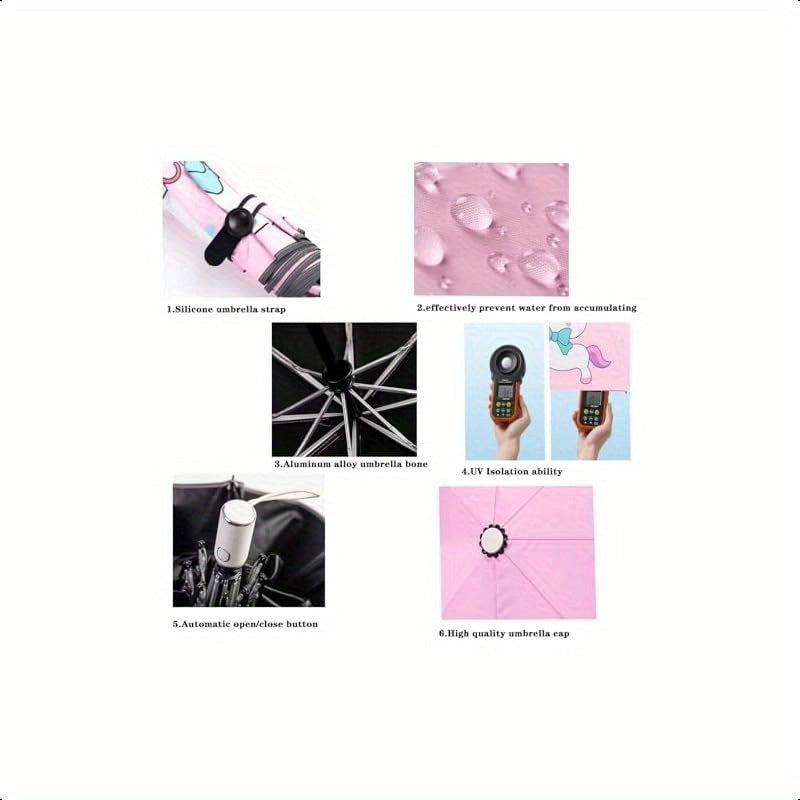 Afkengung Automatic Folding Umbrella for Girls - UV Resistant, Windproof, Anti-Rebound Design with Cute Unicorn Cartoon Print, Compact & Lightweight, Waterproof, Reflective Strip for Night Safety, Perfect for School or Travel