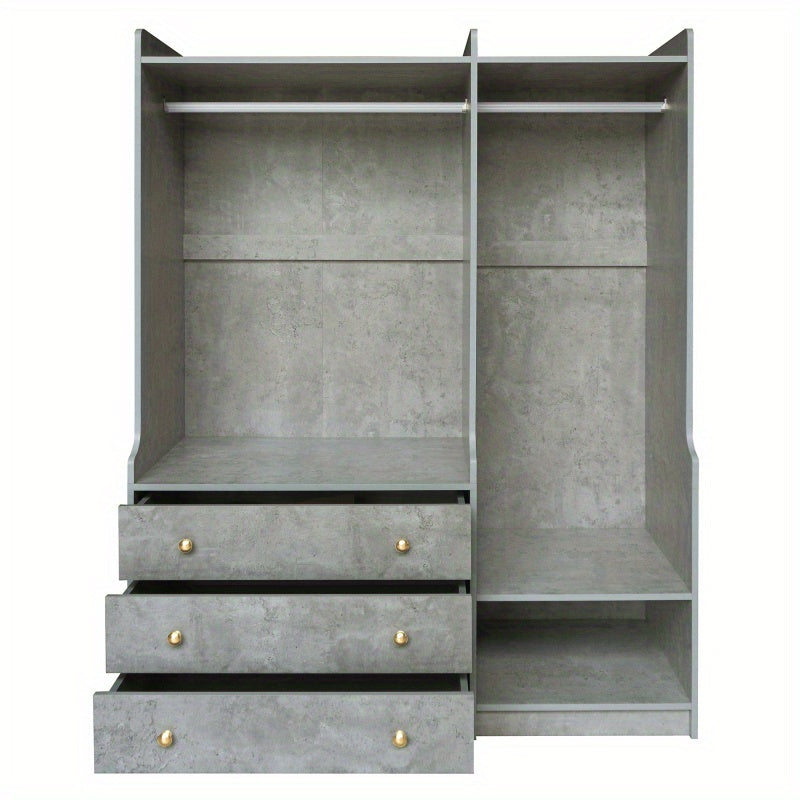 Modern Gray Wooden Wardrobe Organizer with Dual Hanging Rods, 5 Versatile Shelves & 3 Spacious Drawers – Stylish Bedroom Storage Solution for Clothes & Accessories