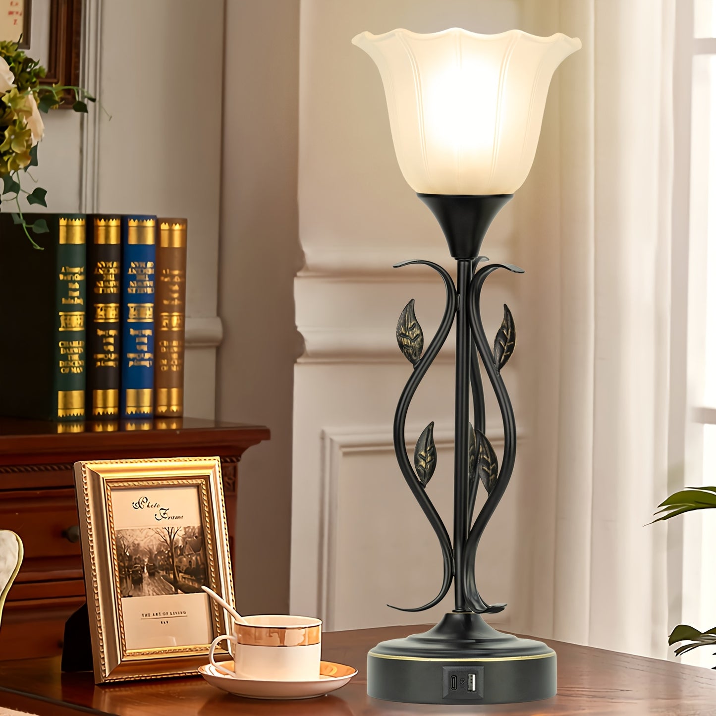 20 Inch Table Lamp For Bedroom With White Glass Shade, Leaf And Vine Flower Design Bedside Lamps Set Of 2, 3-Way Dimmable Touch Control Lamps For Night Stands Dual USB Charging Ports Table Lamp For Living Room, LED Bulbs Included