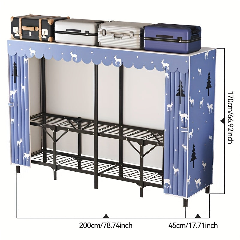 1pc Modern Steel Pipe Wardrobe with Double Curtain Door & Adjustable Rods – Freestanding Folding Storage Cabinet, Grey Metal Frame, 2 Hanging Rods Included, Ideal for Clothes, Shoes & Accessories Organization, Clothes Storage Wardrobe